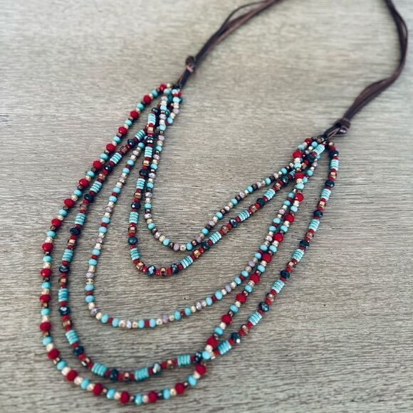 Sparkling Turquoise Red Leather Cord Beaded Statement Necklace - Picture 2 of 3